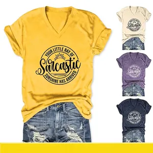 T-Shirt À Manches Courtes Col En V Pour Femmes Imprimé Sarcastic Sunshine Mélange De Coton Décontracté Nœud Été Top