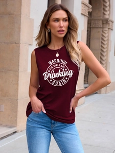Detail of maroon sleeveless tank top with white slogan print Warning The Girls Are Drinking Again