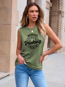 Detail of avocado green cotton tank top with black WARNING! vintage slogan print