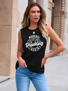 Fashionable black sleeveless tank top with white graphic slogan print for summer