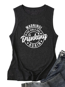 Detailed flat lay of a charcoal gray tank top featuring white WARNING! THE GIRLS slogan