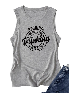 Detailed flat lay of heather grey tank top with black circle graphic and warning text