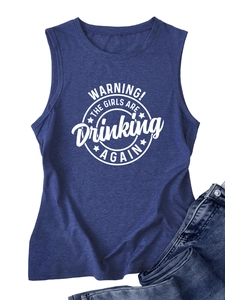 Detail of navy blue tank top featuring bold white WARNING! THE GIRLS ARE DRINKING AGAIN text