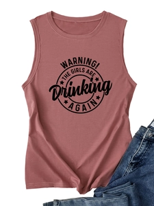 Close-up of sleeveless tank top with Warning The Girls Are Drinking Again print