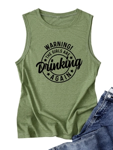 Detail of green summer tank top with vintage Warning The Girls slogan and knit texture