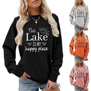 Women Sweatshirt Crewneck Cotton Blend Letter Print Long Sleeve Loose Casual Pullover Outdoor Streetwear Fashion