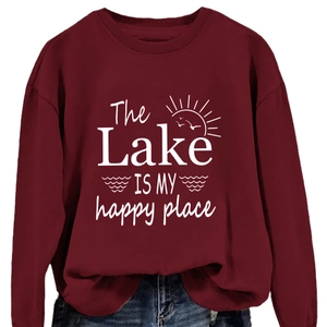 Women's burgundy long sleeve sweatshirt featuring The Lake Is My Happy Place print