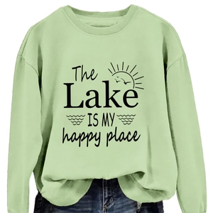 Light green long sleeve sweatshirt featuring The Lake Is My Happy Place graphic print