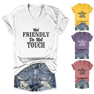 Women Casual V Neck Short Sleeve T-Shirt Not Friendly Do Not Touch Letter Print Loose Fit Knotted Hem Tee Top