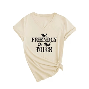 Women's V-neck beige t-shirt featuring 'Not Friendly' print and stylish knotted hem