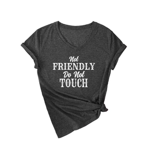 Dark grey V-neck t-shirt with Not Friendly print and stylish knotted front hemline