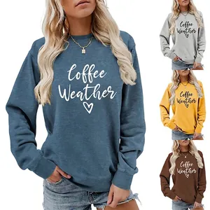 Coffee Weather Heart Print Women Sweatshirt Crewneck Long Sleeve Cotton Blend Loose Pullover Casual Streetwear Tops