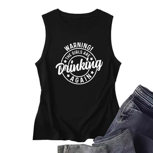Women's black sleeveless cotton tank top with Warning The Girls drinking slogan