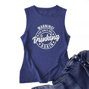 Dark blue women's tank top with WARNING! THE GIRLS printing on a flat white background