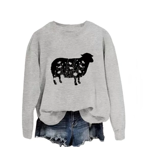 Gray crewneck sweatshirt featuring a floral sheep print and blue denim shorts