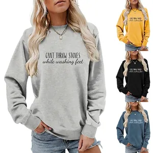 Sweat-shirt à Col Rond pour Femmes Manches Longues Mélange de Coton Impression de Lettres Slogan Pull Ample Mode Streetwear