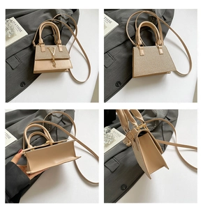 Detail views of champagne gold sequined handbag with V-shaped metal pendant and strap