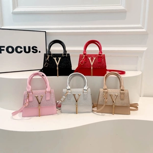 Women's Fashion PU Leather Sequin Patchwork Crossbody Bag Trendy V-Logo Tassel Handheld Mini Square Handbag For Daily Use