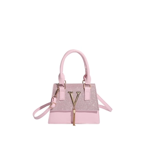 Pink luxury small square handbag with glitter flap and V-shaped gold fringe pendant