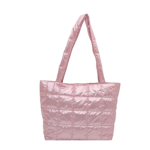 Pink quilted puffer tote bag with large square stitching and matching shoulder strap