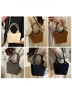 Collage of fashion crossbody bucket bags with leopard prints and knot handles on models