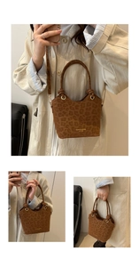 Three-way view of a brown leopard print tote bag with handle and crossbody strap