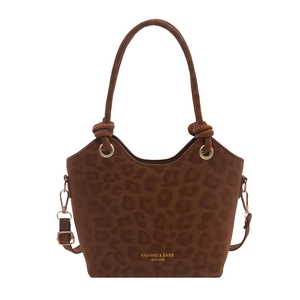 Chic brown leopard embossed bucket bag with knot handles and detachable shoulder strap