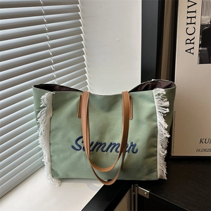 Sac Cabas Vintage en Toile pour Femmes Avec Broderie Summer Glands Grande Capacité Décontracté Sac à Bandoulière de Shopping Vacances