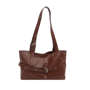 Retro brown leather tote bag with silver buckle belts and long shoulder straps