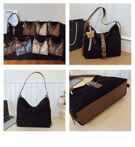 Detail view of large retro hobo tote bags in various colors with decorative buckles and charms