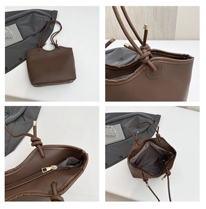 Detail shots of dark brown tote bag showing zipper, shoulder strap and internal lining