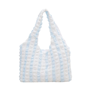 Blue and white striped pleated tote bag with bubble texture and large capacity handle