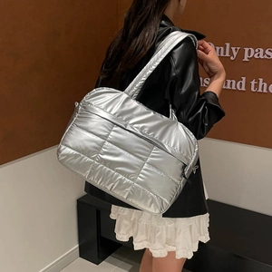 Metallic silver quilted shoulder bag with large capacity for urban winter fashion