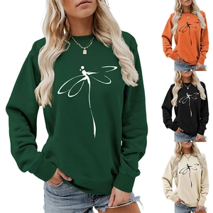 Detail view of dragonfly print round neck sweatshirt available in four different colors