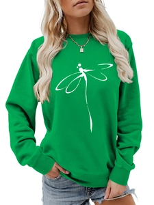 Detail of bright green crewneck sweatshirt featuring white dragonfly graphic print