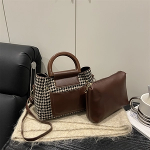 Sac à Épaule Femme Vintage Patchwork Pied-de-poule en Cuir PU et Tissu Sac à Main Sac Bandoulière Poignée en Bois