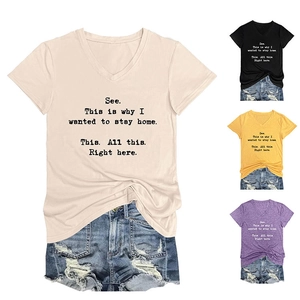 Detail view of stylish women's V-neck T-shirts in four colors with slogan print