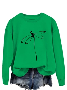Detail of bright green crewneck sweatshirt featuring a minimalist black dragonfly line art