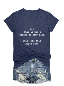 Detail of V-neck navy cotton T-shirt with white slogan print and denim shorts