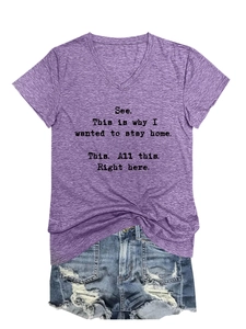 Flat lay of purple V-neck T-shirt with text print and distressed blue denim shorts