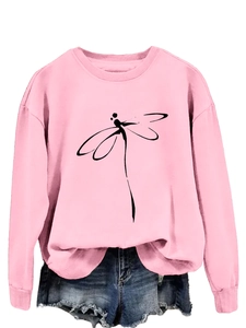 Pink crew neck sweatshirt featuring artistic dragonfly line print and casual style