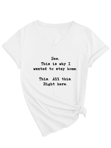 White V-neck T-shirt with black printed text and a stylish knotted hem detail