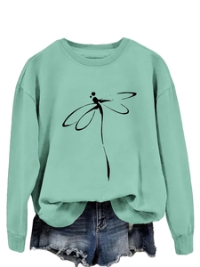 Detail of dragonfly graphic print on light green long sleeve crewneck sweatshirt