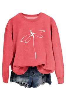 Detail of coral red crewneck sweatshirt with white minimalist dragonfly line art print