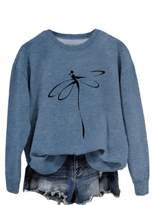 Detail of greyish blue crewneck sweatshirt featuring minimalist black dragonfly print
