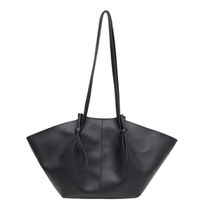 Minimalist black lychee pattern leather tote bag with stylish wing shape design and knotted straps