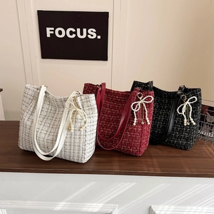 Sac à Épaule en Tweed Vintage pour Femmes Élégant Sac Fourre-Tout Écossais Avec Charme de Nœud en Künstliche Perles Grande Capacité