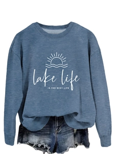 Detail view of Lake Life Is The Best Life graphic print on a blue long sleeve sweatshirt