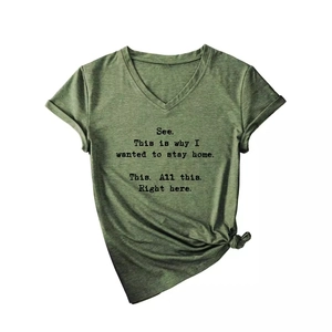 Army green women's V-neck T-shirt with short sleeves and front slogan print