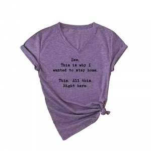 Women's purple V-neck T-shirt with quote print and front knot detail on white background